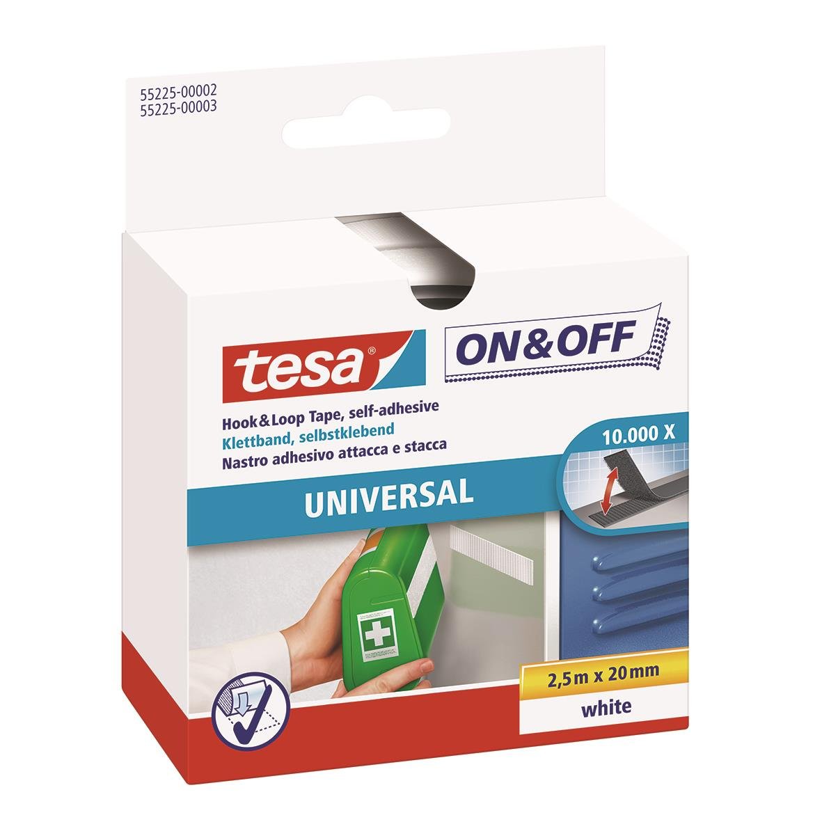 Vit kardborreband Tesa On & Off dubbelhäftande 20mm x 2,5m i förpackning