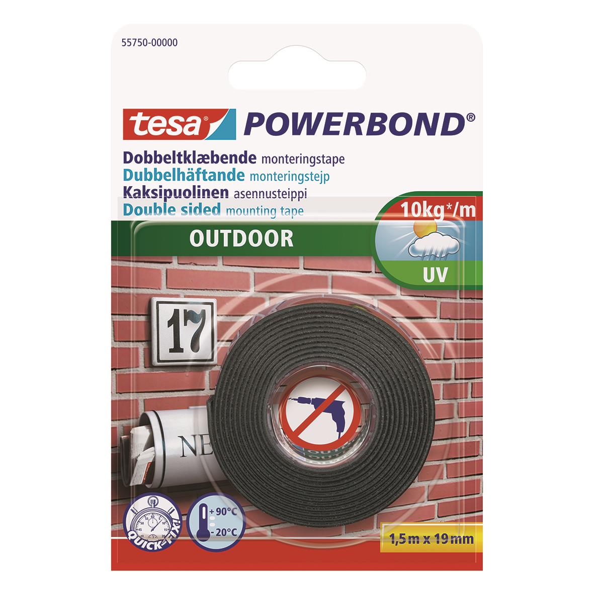Tesa Powerbond utomhustape 19mm x 1,5m för montering, UV-beständig, dubbelhäftande, klar