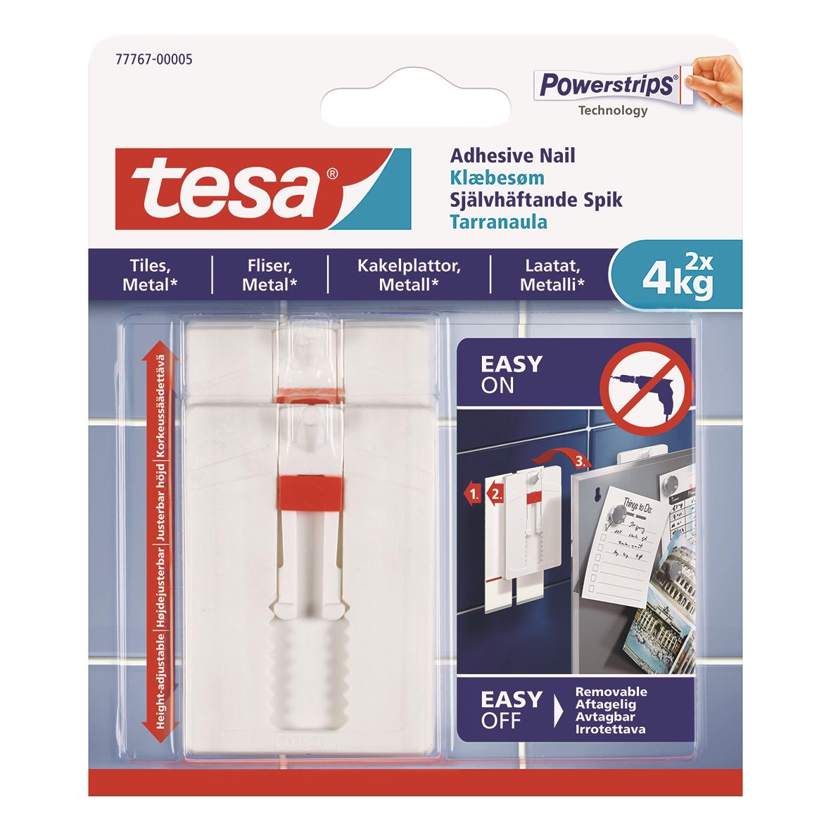 Självhäftande spik Tesa Powerstrips för kakel och metall, justerbar, 4 kg, två pack