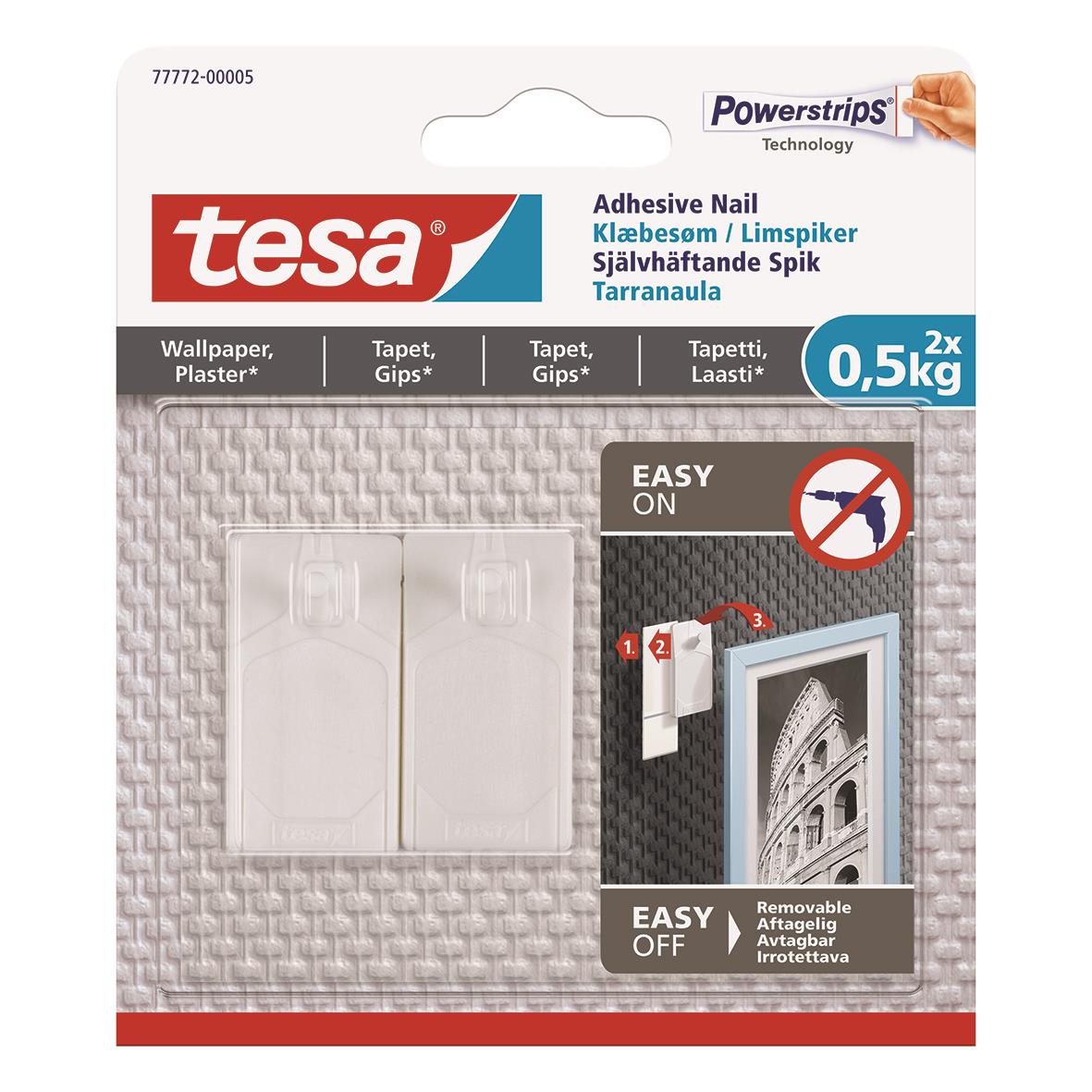 Självhäftande spik Tesa Powerstrips för tapet och gips, 0,5kg, lätt att använda och ta bort