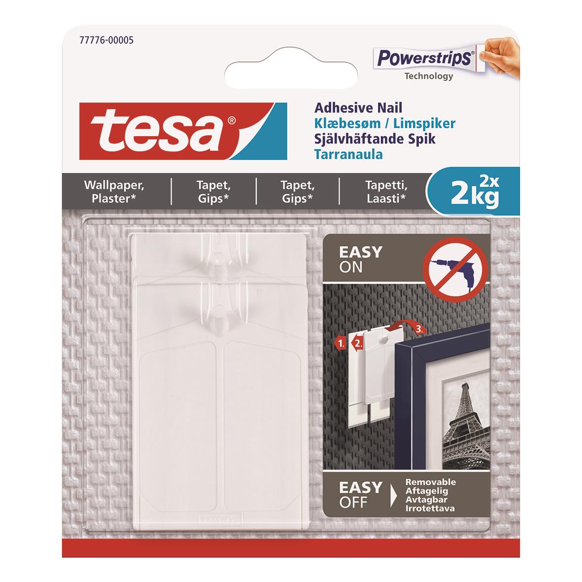 Självhäftande spik Tesa Powerstrips för tapet och gips, 2 kg, lätt att använda och ta bort