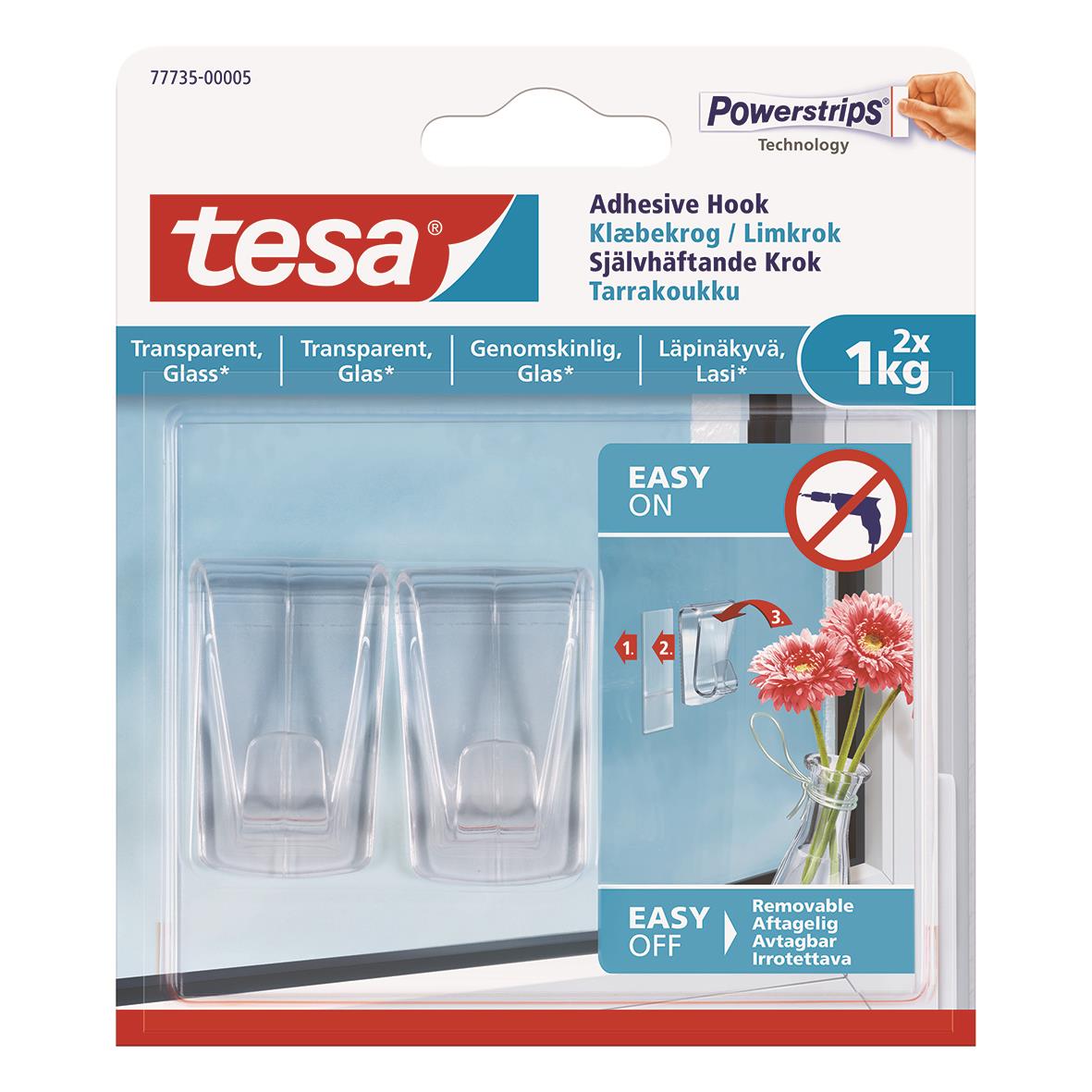 Transparent självhäftande krok från Tesa Powerstrips för upp till 1kg, enkel att använda och ta bort utan skador