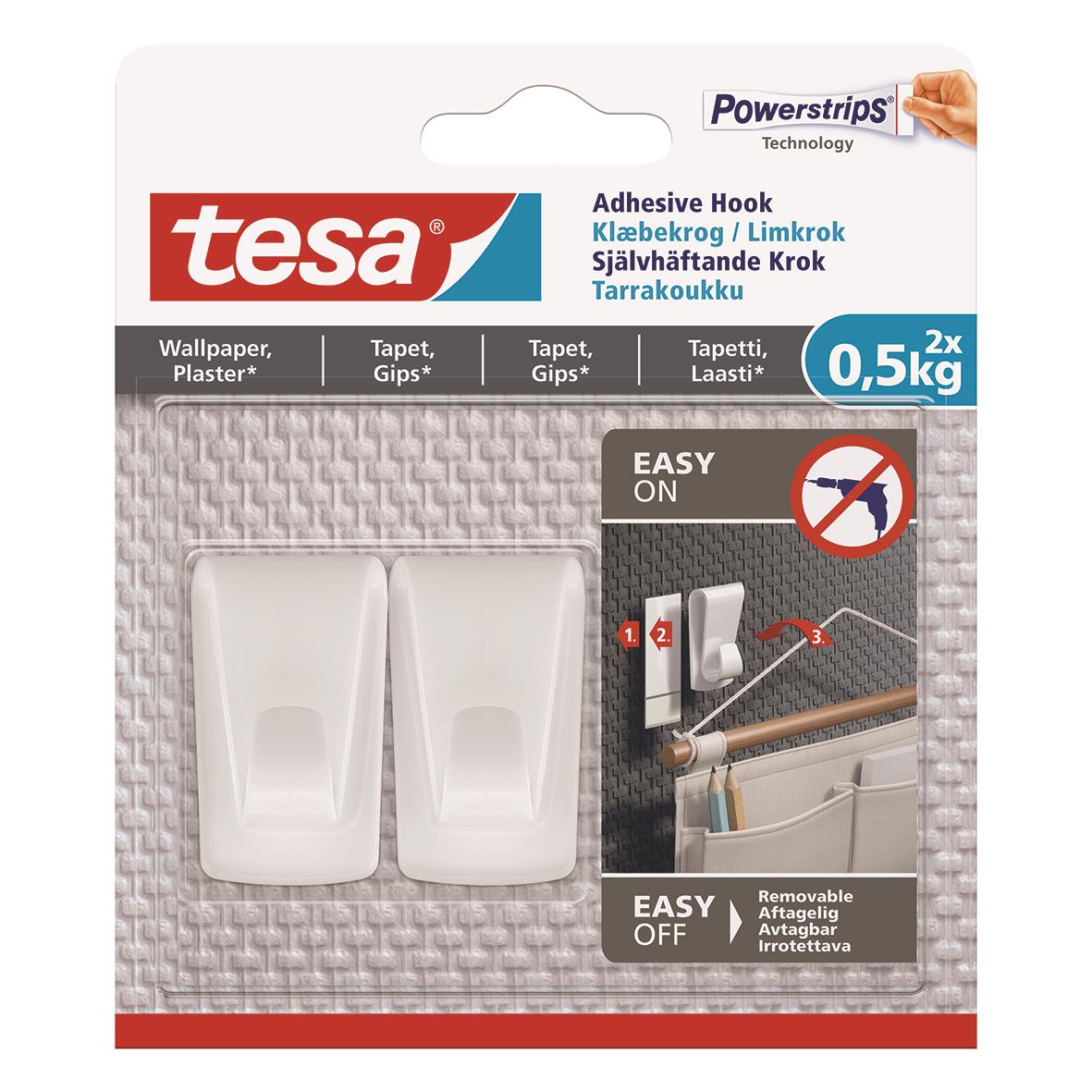 Självhäftande krok från Tesa Powerstrips för tapet och gips, vit, 0,5 kg, enkel att sätta upp och ta ner