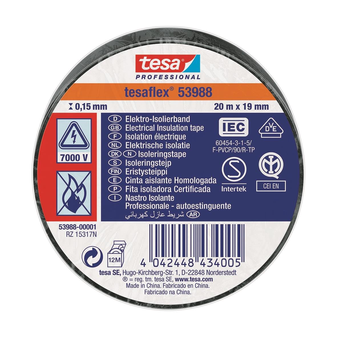 Svart elektrisk isoleringstejp från Tesa Professional, 19mm bred och 20m lång
