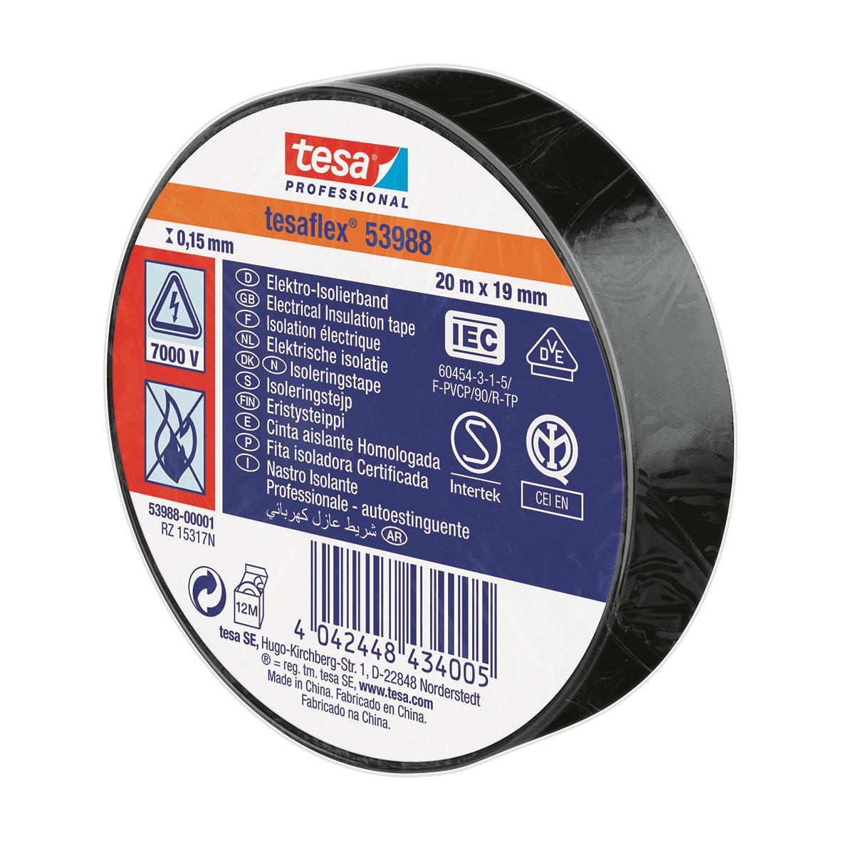 Svart elektrisk isoleringstejp Tesa 53988, 20m x 19mm, professionell kvalitet