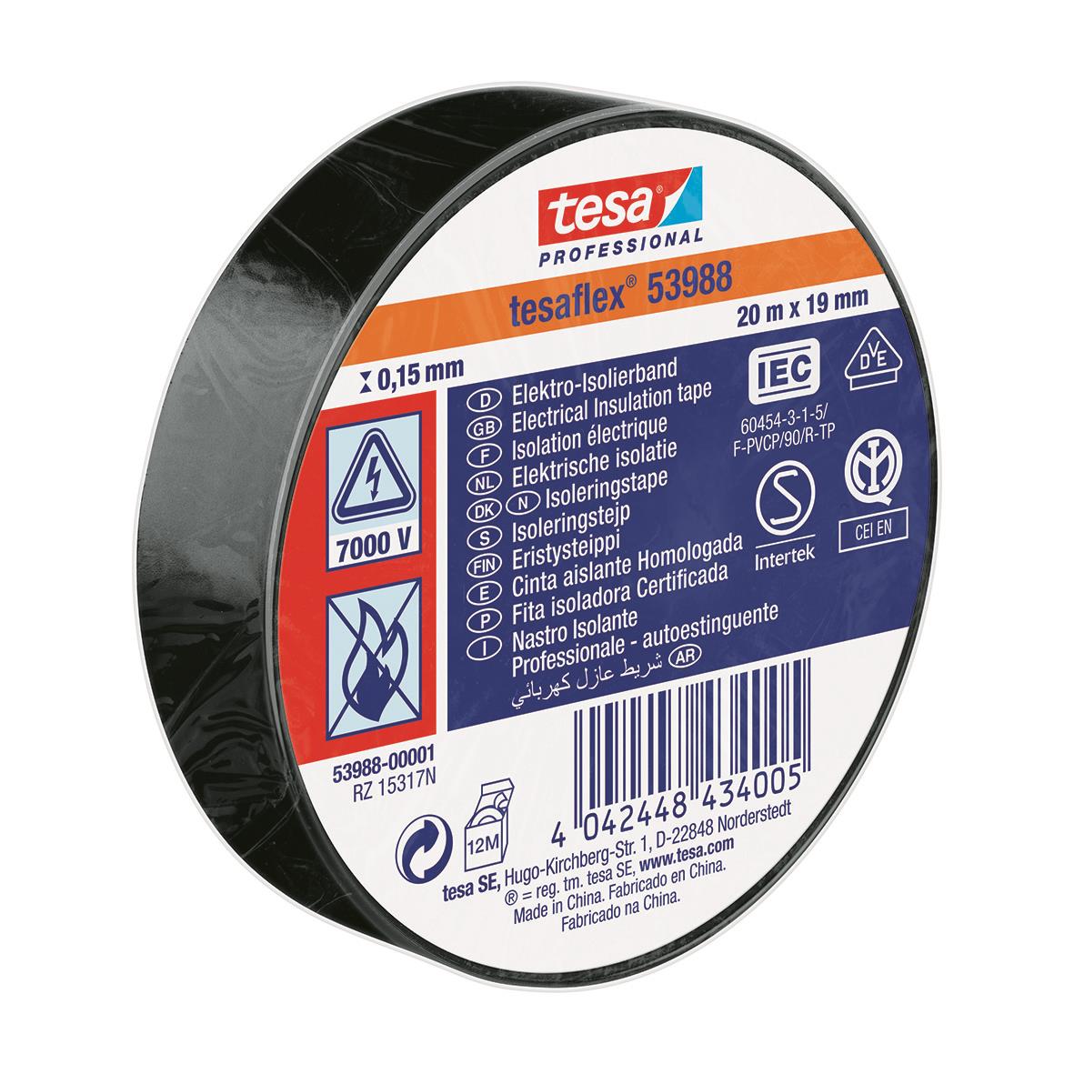 Svart eltejp Tesa 53988 Professional, 19mm x 20m, isolering och elektrisk tätning