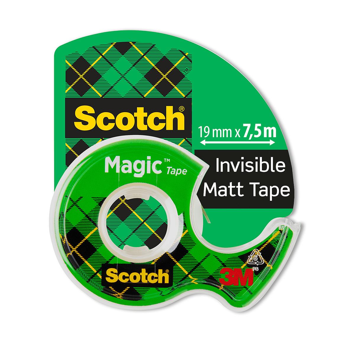 Dokumenttejp Scotch Magic Tape 19mm x 7,5m med hållare i grönt och svart design
