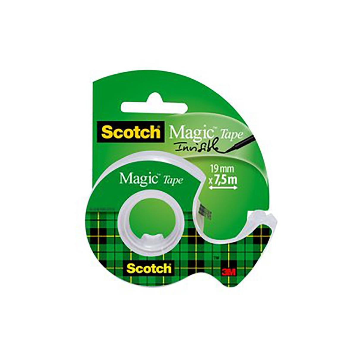 Dokumenttejp Scotch Magic Tape 19mm x 7,5m med hållare i grönt och svart design