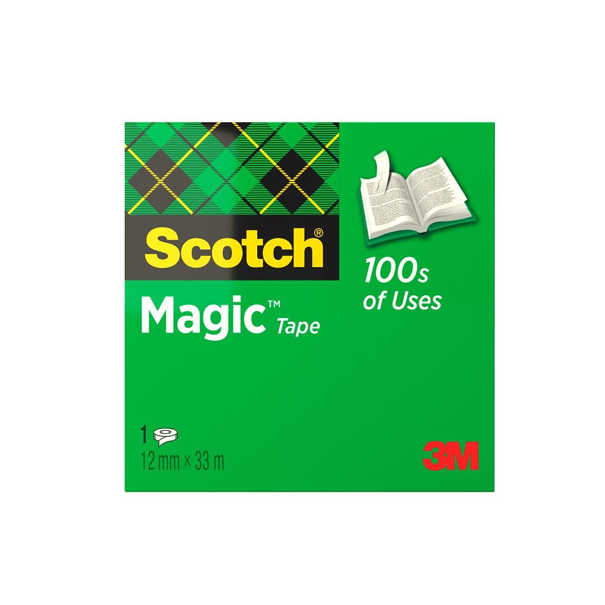 Förpackning av Scotch Magic Tape 12mm x 33m, 100 användningar, grönt och svart mönster