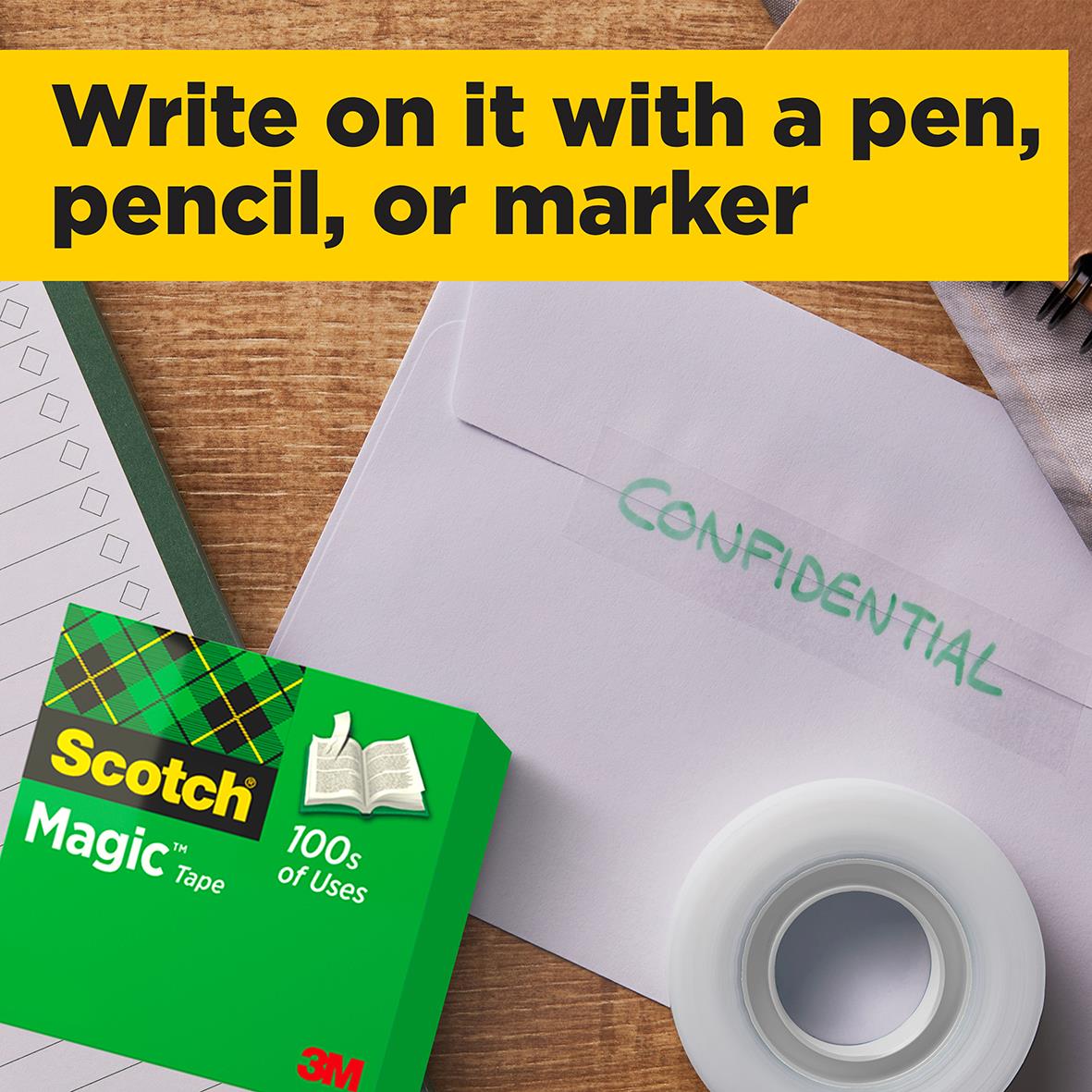 Dokumenttejp Scotch Magic 810 12mm x 33m med en penna och ett konfidentiellt dokument