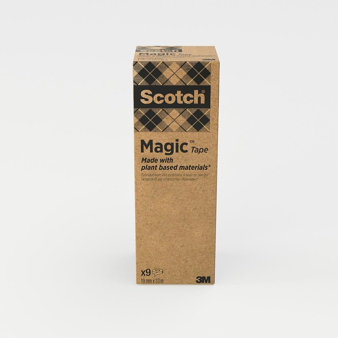 Scotch Magic Tape i förpackning med grönt och vitt design, 19mm x 33m, miljövänlig och återvunnen