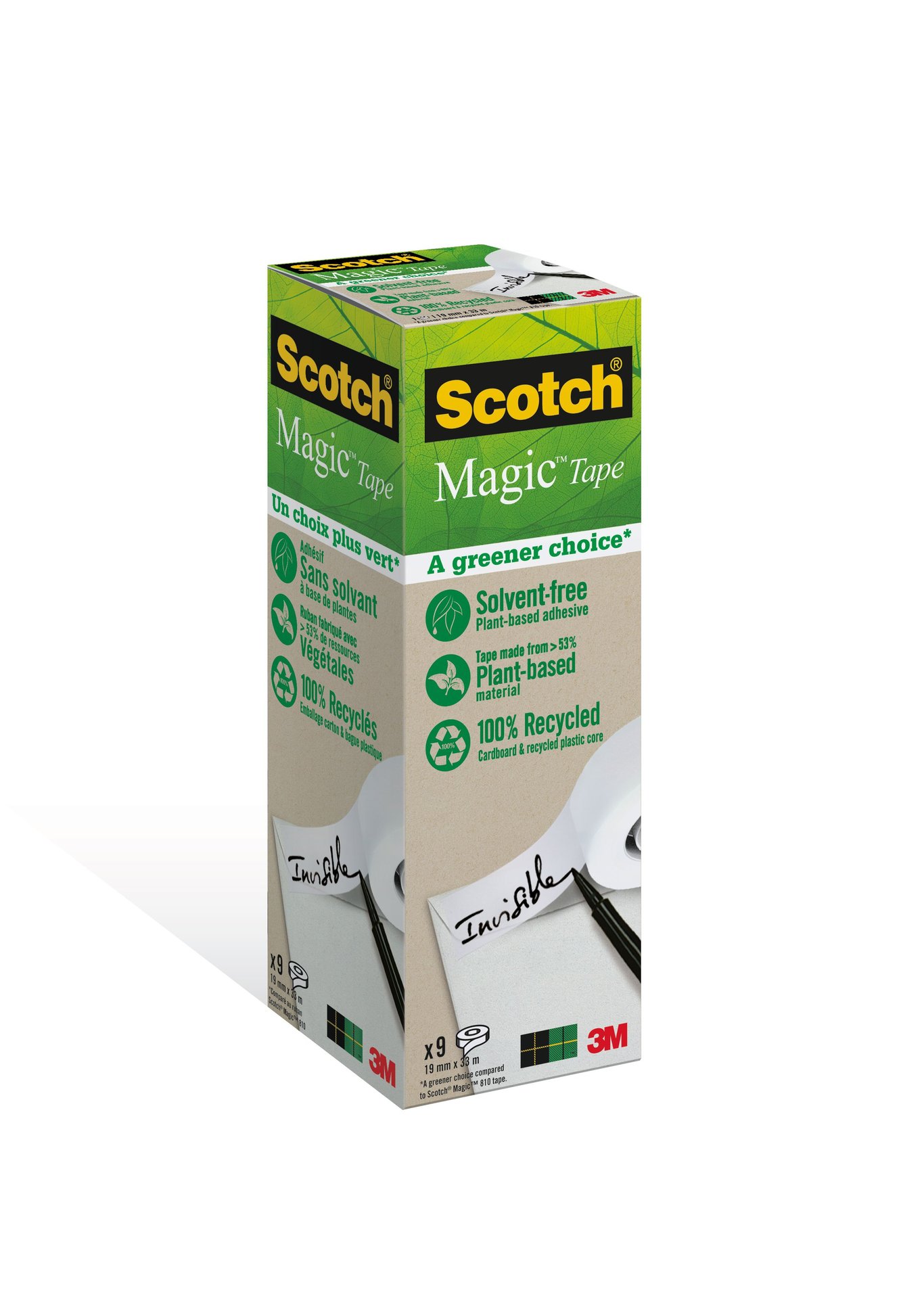 Scotch Magic Tape i förpackning med grönt och vitt design, 19mm x 33m, miljövänlig och återvunnen