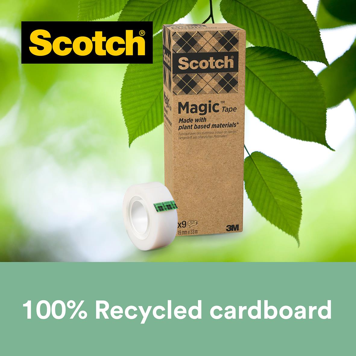 Scotch Magic dokumenttejp 19mm x 33m på kartong med gröna blad i bakgrunden
