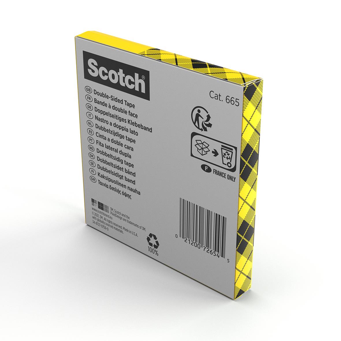Dubbelhäftande Scotch 665 tejp i förpackning med svart och gul design, 12mm x 33m