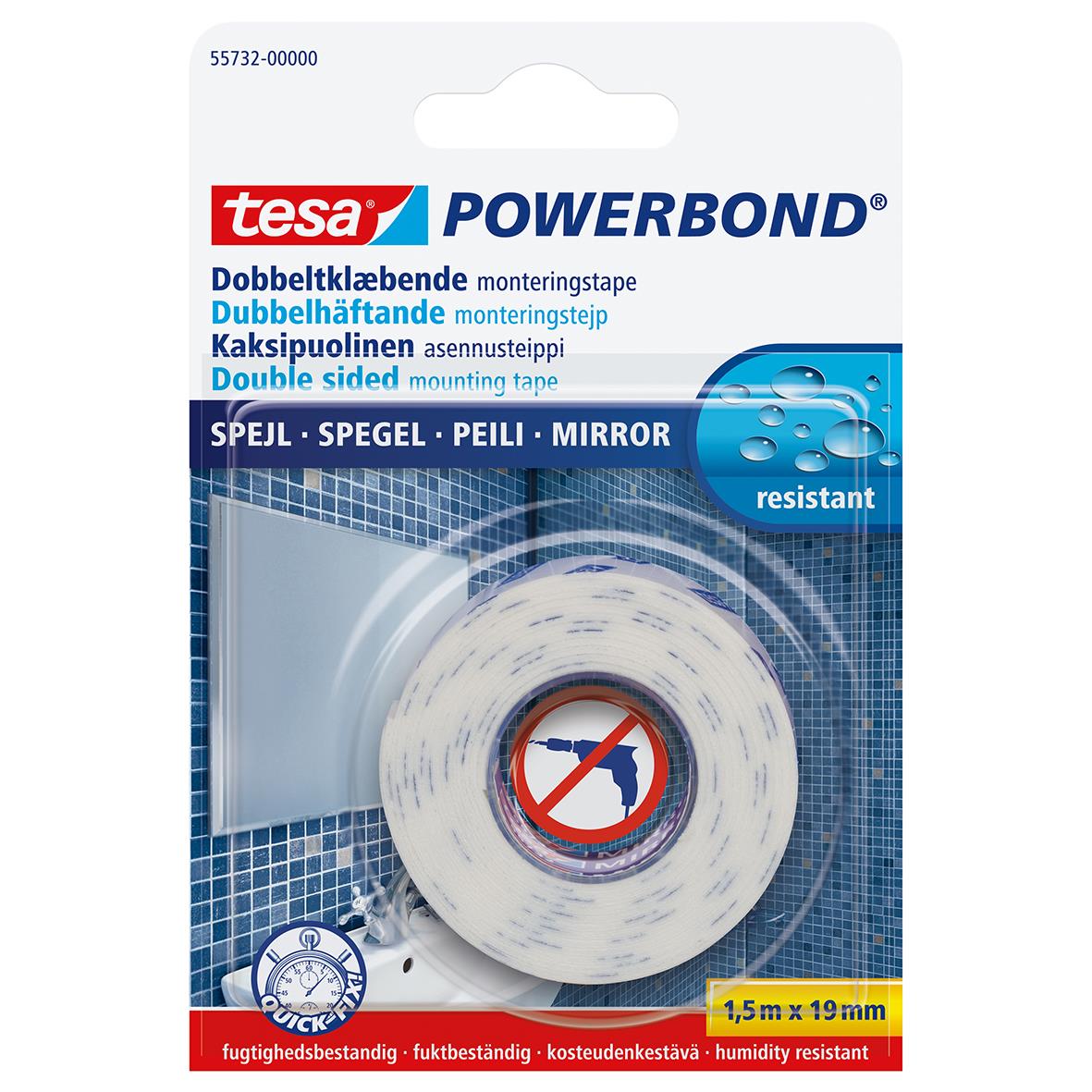 Monteringstejp Tesa Powerbond Mirror 19mm x 1,5m för speglar och spegelmontering