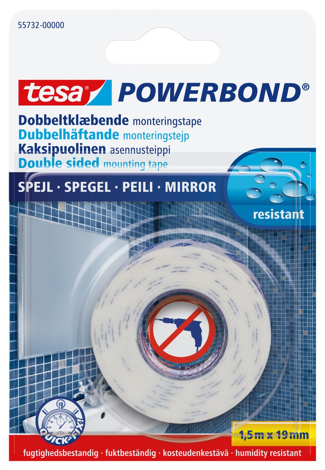 Monteringstejp Tesa Powerbond Mirror 19mm x 1,5m för speglar och spegelmontering