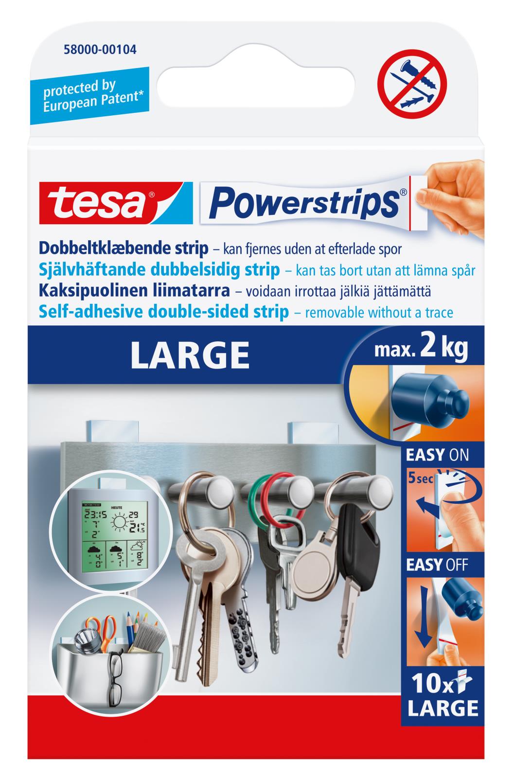 Powerstrips Tesa dubbelsidig självhäftande stor, kan ta bort utan spår, max 2 kg, enkelt att sätta upp och ta ner