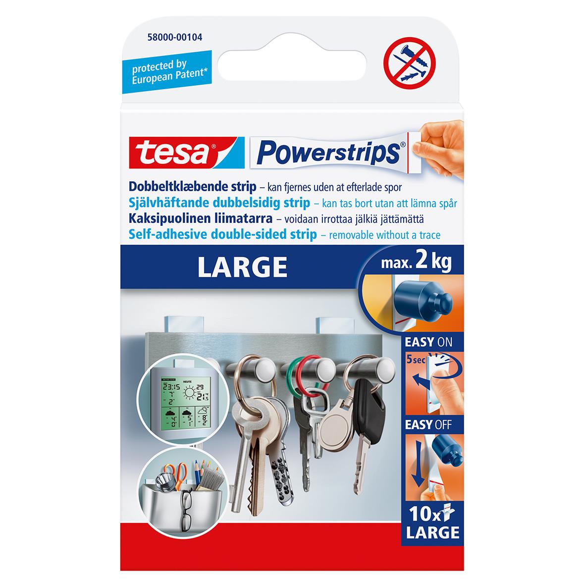Powerstrips Tesa dubbelsidig självhäftande stor, kan ta bort utan spår, max 2 kg, enkelt att sätta upp och ta ner