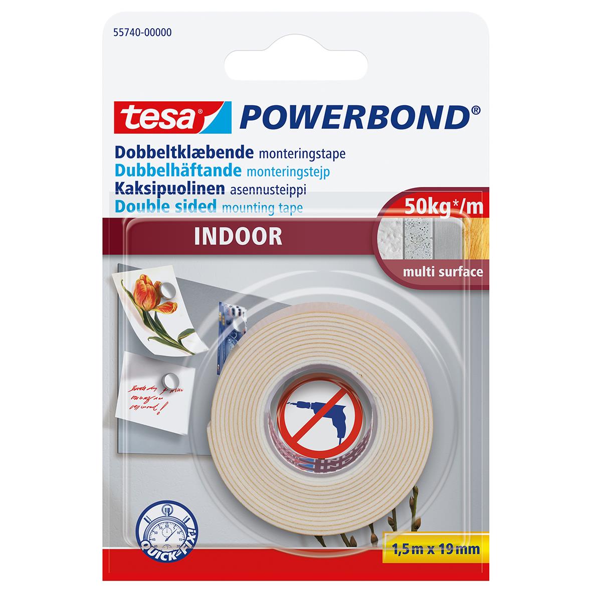 Tesa Powerbond inomhusmonteringstejp 19mm x 1,5m för dubbelsidig fastsättning på flera ytor