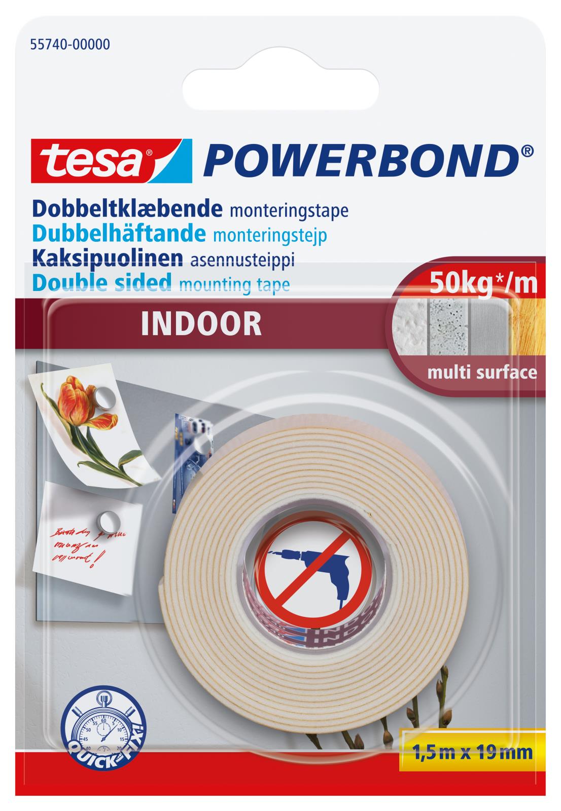 Tesa Powerbond inomhusmonteringstejp 19mm x 1,5m för dubbelsidig fastsättning på flera ytor