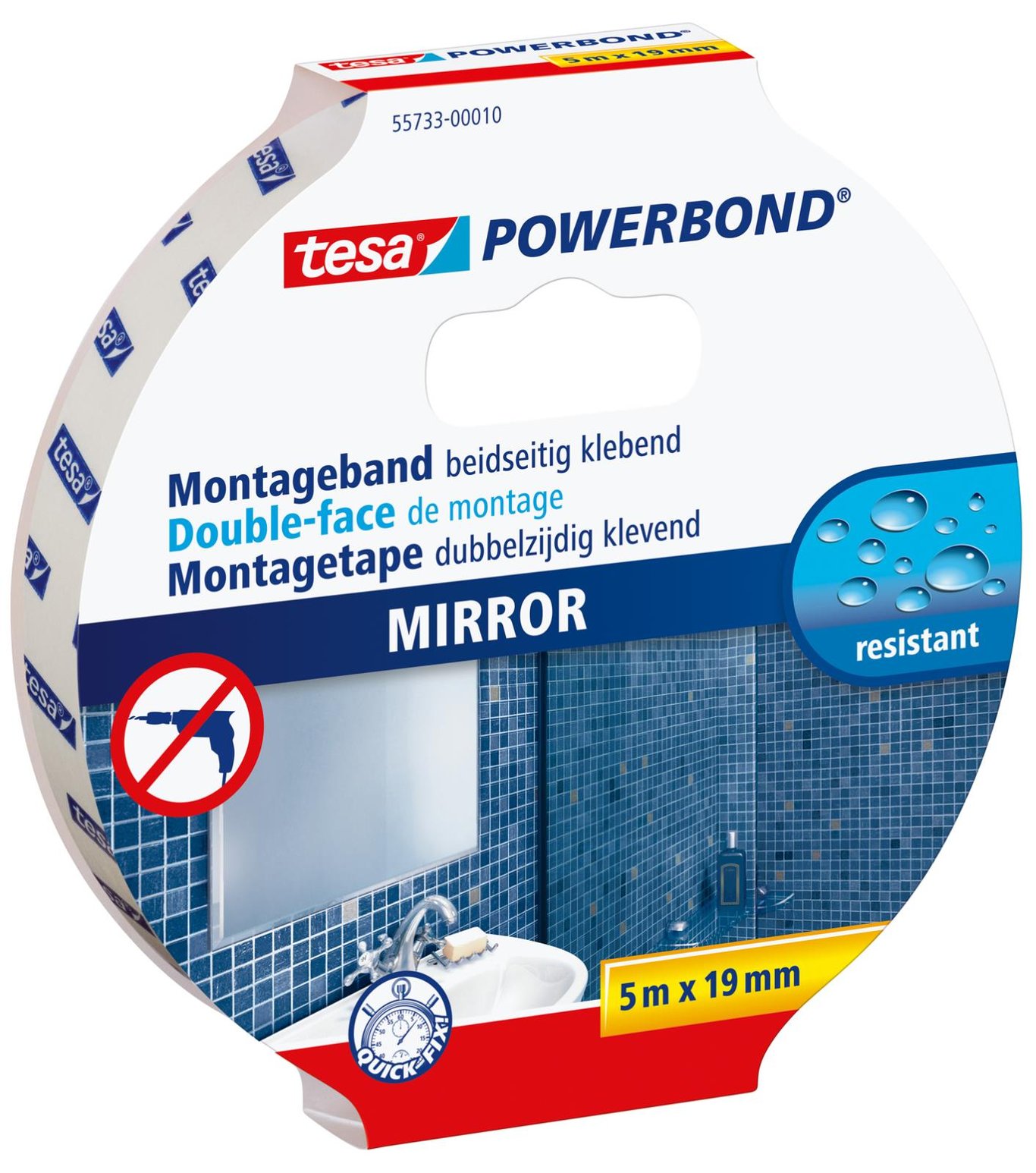 Tesa Powerbond dubbelhäftande spegelmonteringstejp 19mm x 5m, resistent och lätt att använda