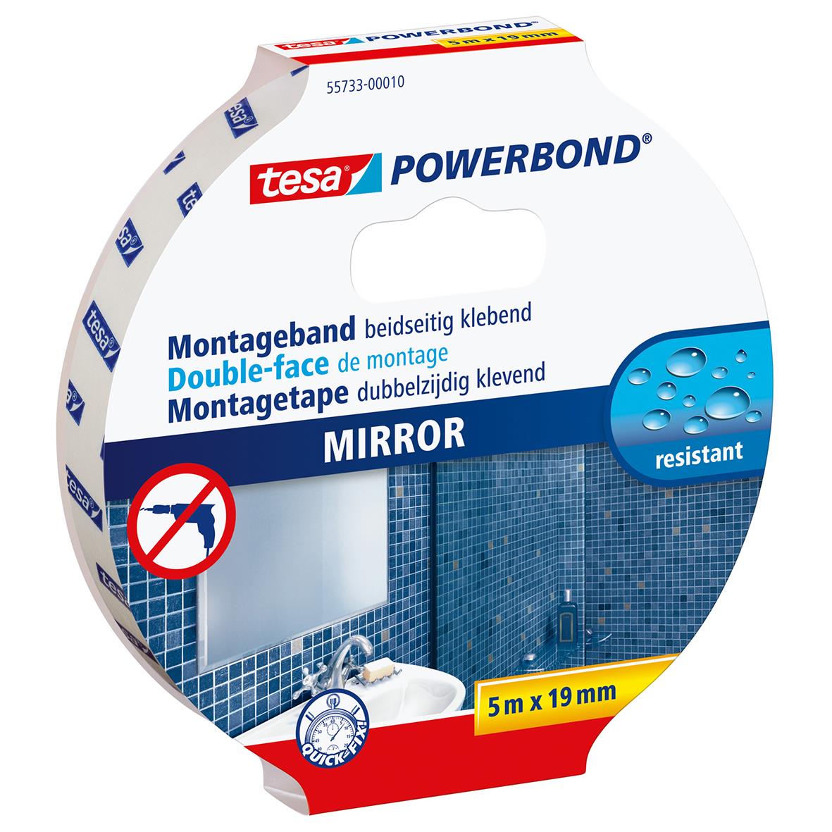 Tesa Powerbond dubbelhäftande spegelmonteringstejp 19mm x 5m, resistent och lätt att använda