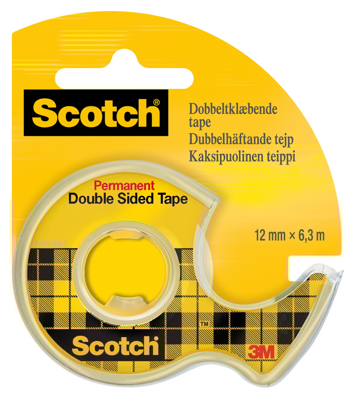 Dubbelhäftande Scotch 665 tejp med hållare, 12mm x 6,3m, gul och svart design