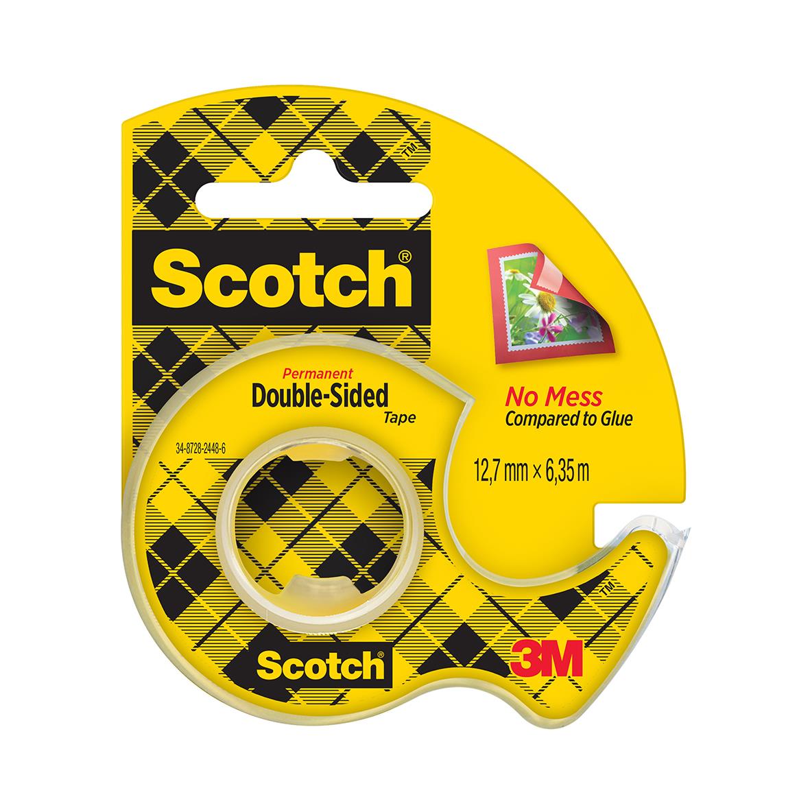 Dubbelhäftande Scotch 665 tejp med hållare, 12mm x 6,3m, gul och svart design