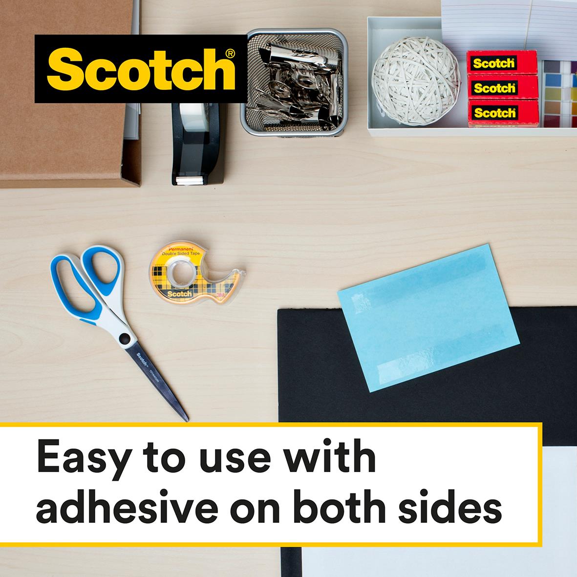 Dubbelhäftande Scotch 665 tejp med hållare, 12mm x 6,3m, lätt att använda på båda sidor