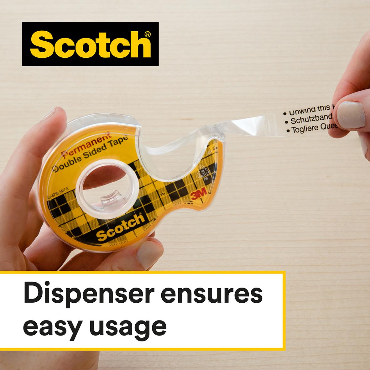 Dubbelhäftande Scotch tejp 12mm x 6,3m med hållare, lätt att använda