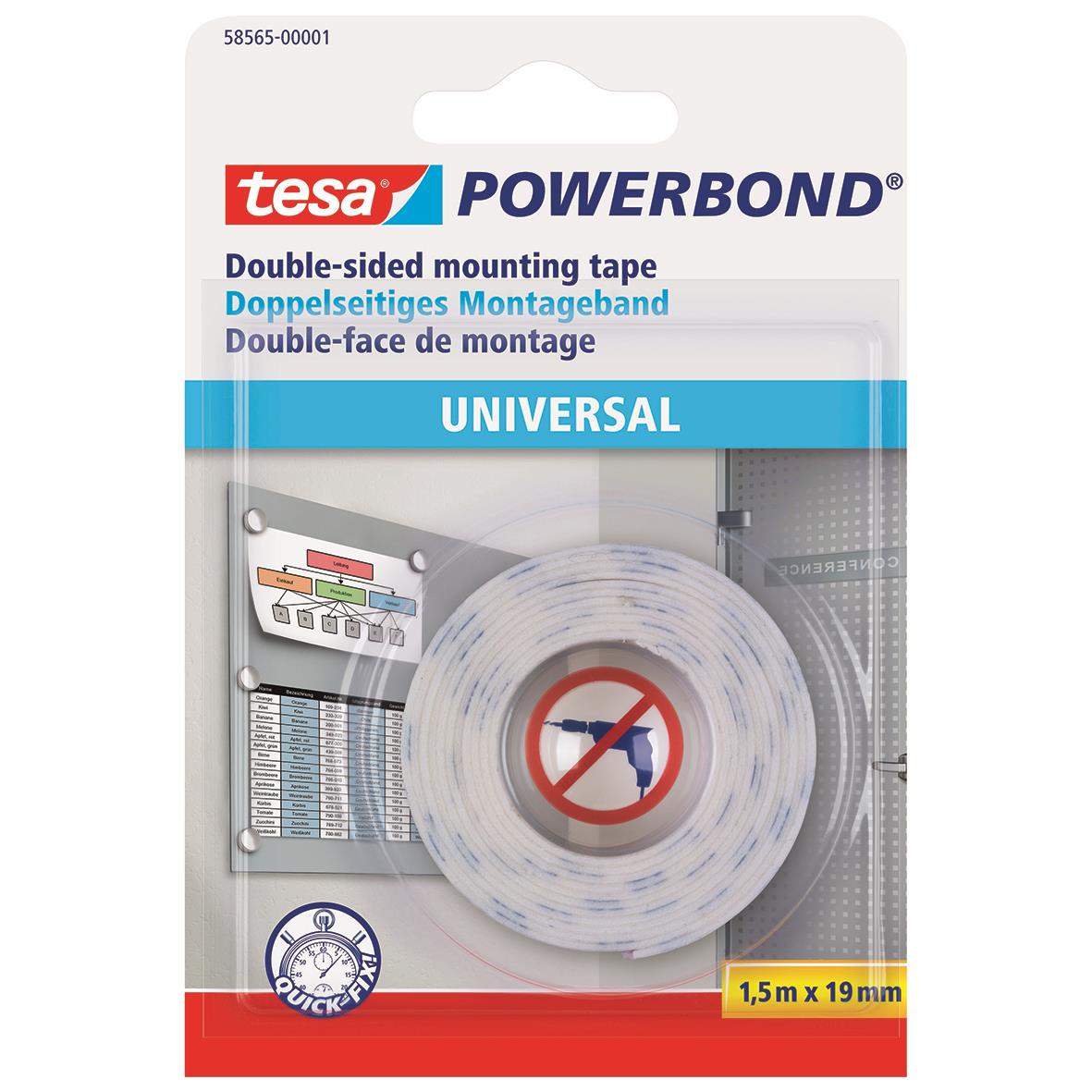 Tesa Powerbond universal dubbelhäftande monteringsband 19mm x 1,5m i förpackning