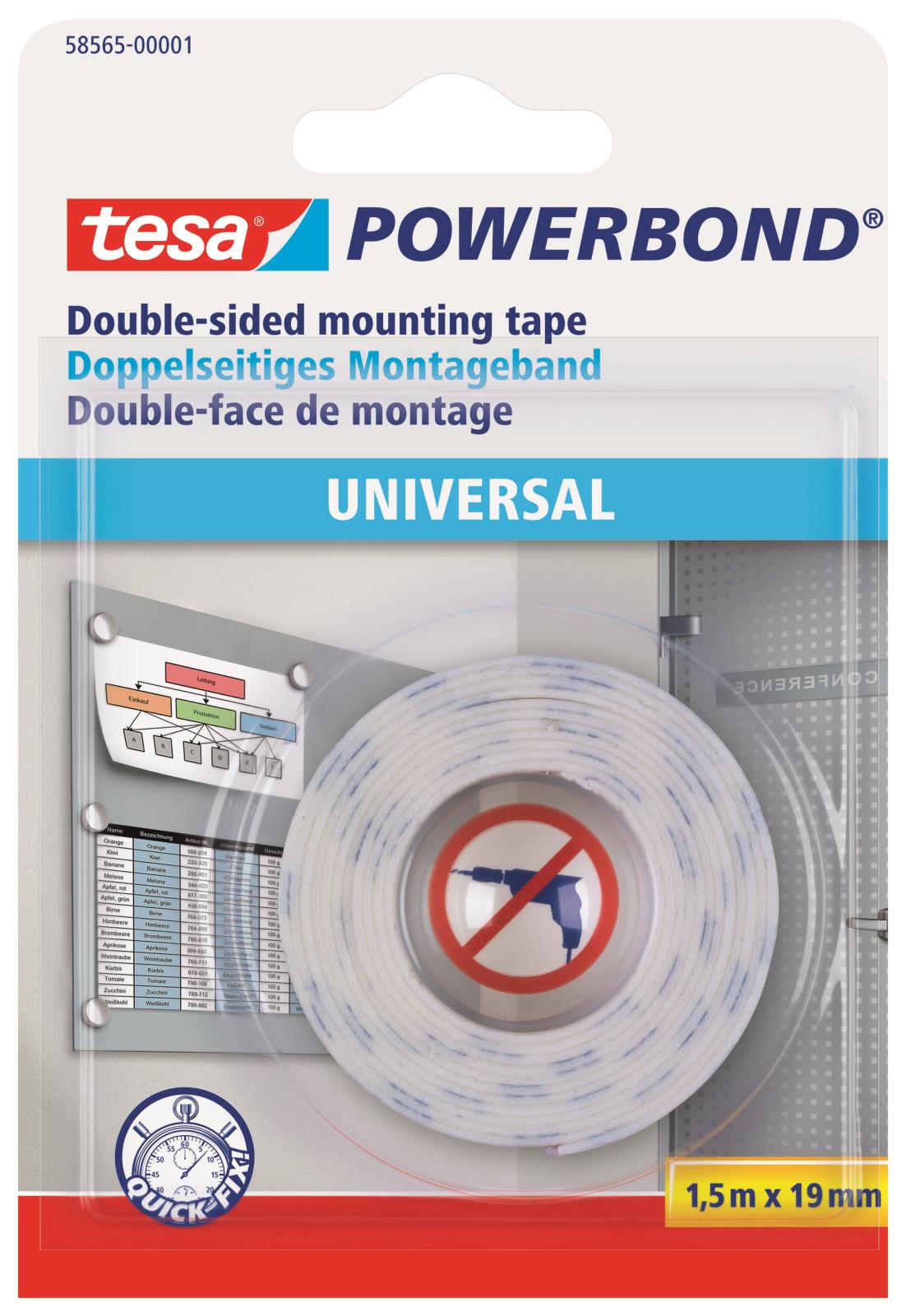 Tesa Powerbond universal dubbelhäftande monteringsband 19mm x 1,5m i förpackning