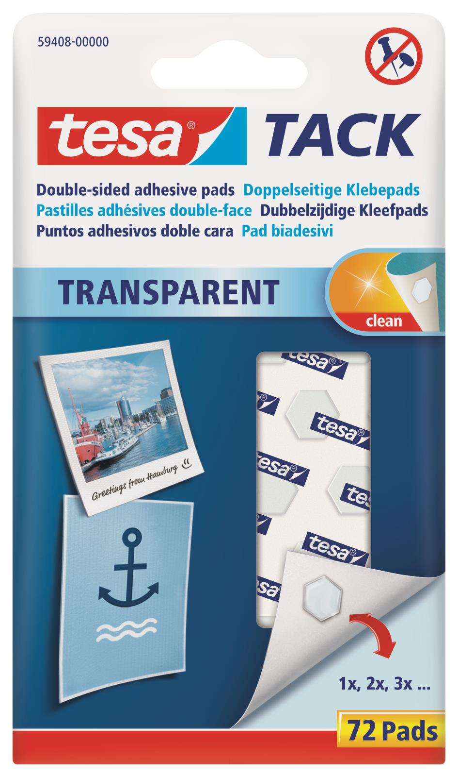Tesa TACK transparent dubbelhäftande kuddar i förpackning med 72 pads, 1cm²