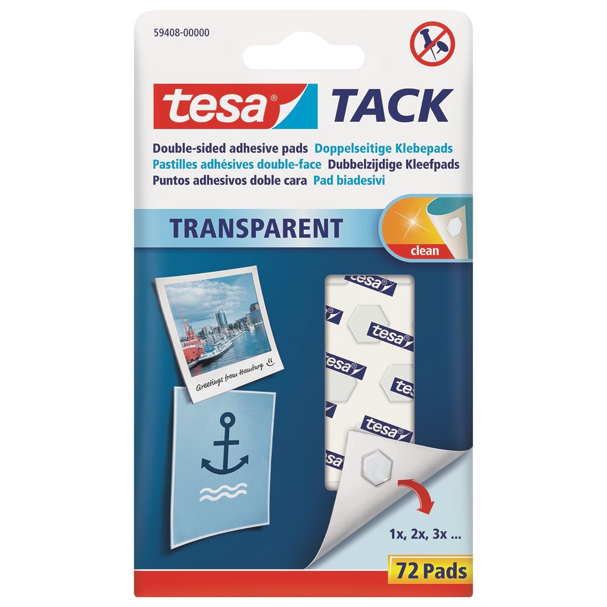 Tesa TACK transparent dubbelhäftande kuddar i förpackning med 72 pads, 1cm²