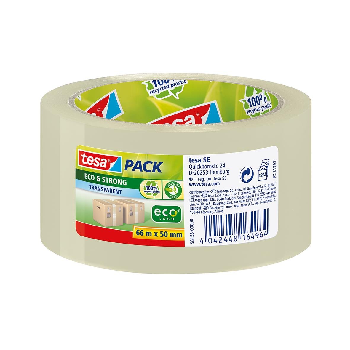 Transparent packtejp Tesa 58153 Eco & Strong, 50mm x 66m, miljövänlig och stark