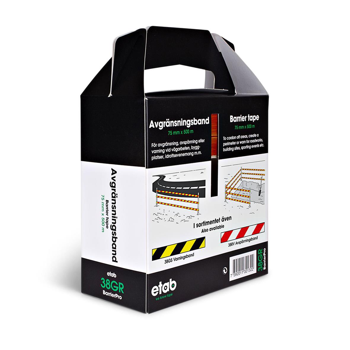Rött och gult avspärrningsband i förpackning med handtag, 75mm brett och 500m långt
