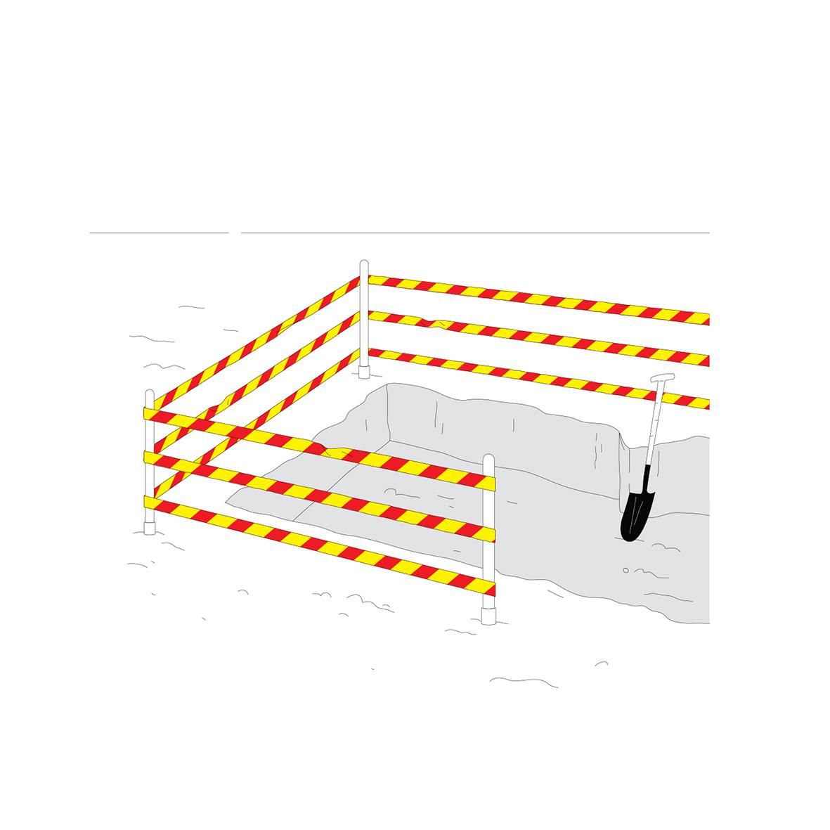 Avspärrningsband Etab 75mm x 500m Röd/Gul omgärdar ett område med en spade i ett grävprojekt