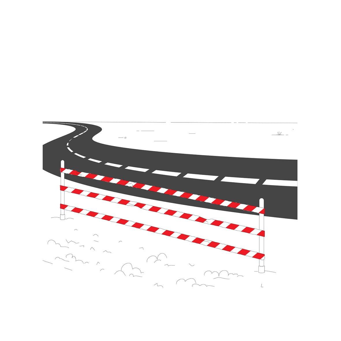 Rött/vitt avspärrningsband Etab 75mm x 500m framför en väg