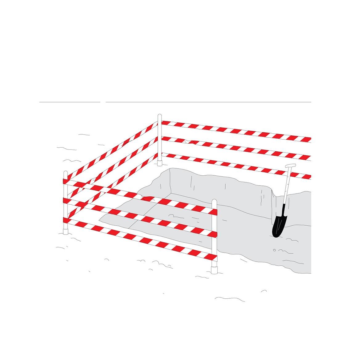 Avspärrningsband Etab 75mm x 500m Röd/Vit omgärdar ett område med en spade i ett grävprojekt