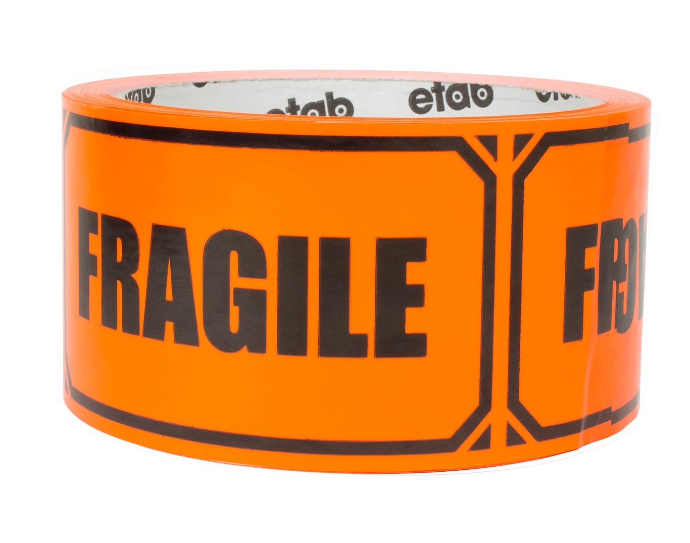 Orange packtejp med svart text FRAGILE och svart kant, 50mm x 33m