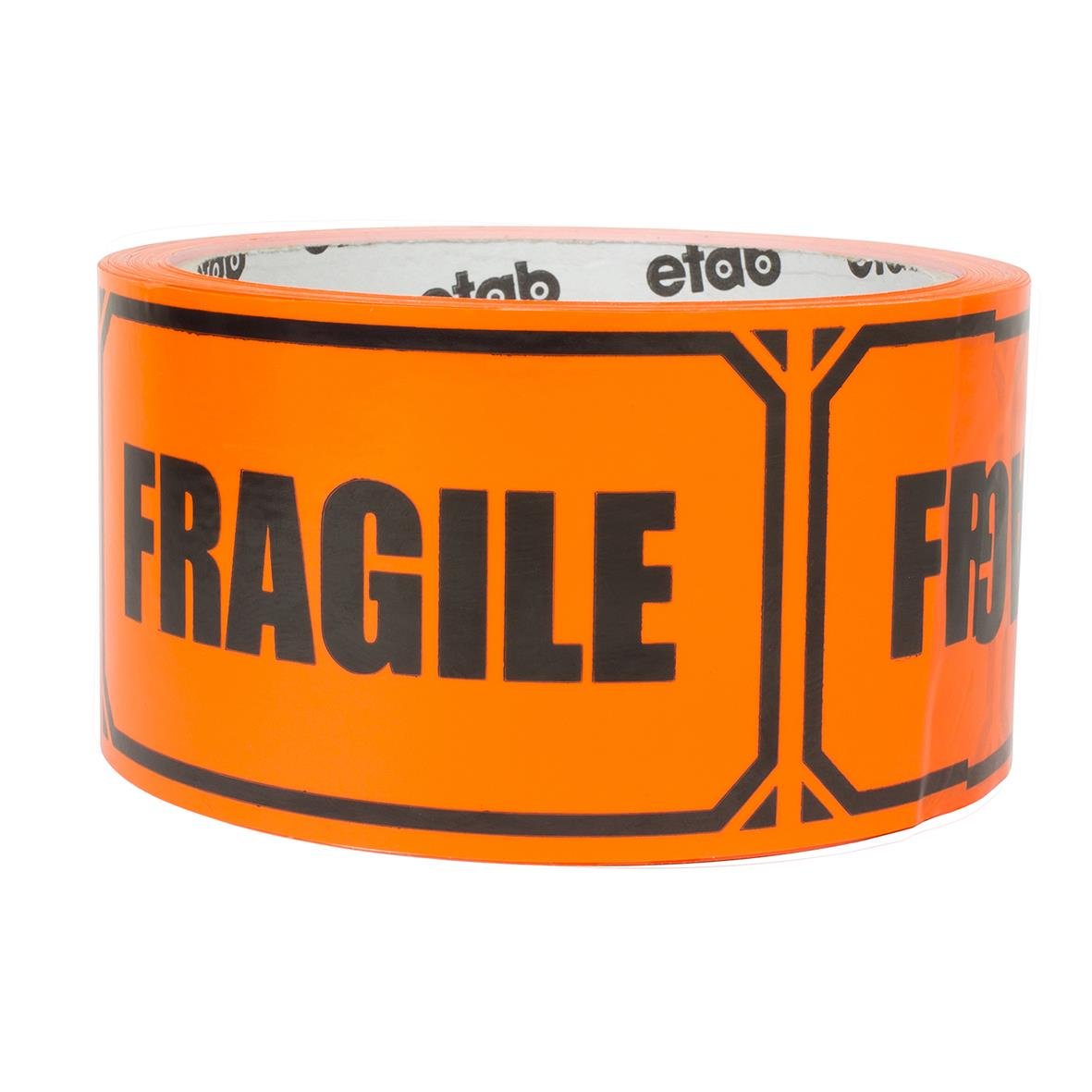 Orange packtejp med svart text FRAGILE och svart kant, 50mm x 33m