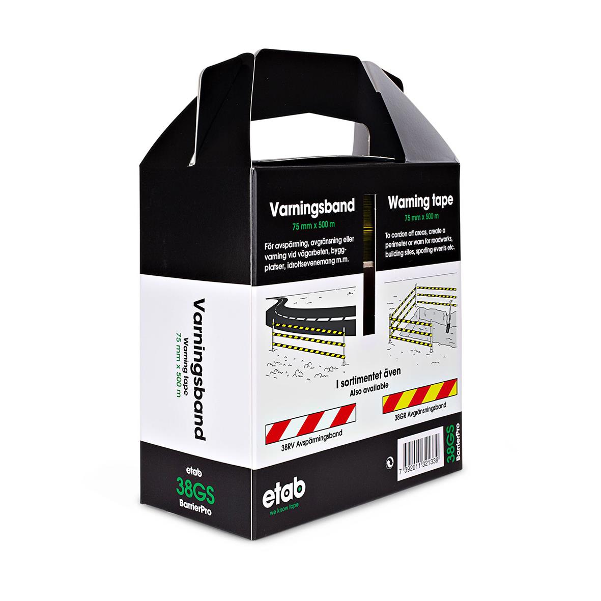 Avspärrningsband Etab 75mm x 500m Gul/Svart i förpackning med handtag