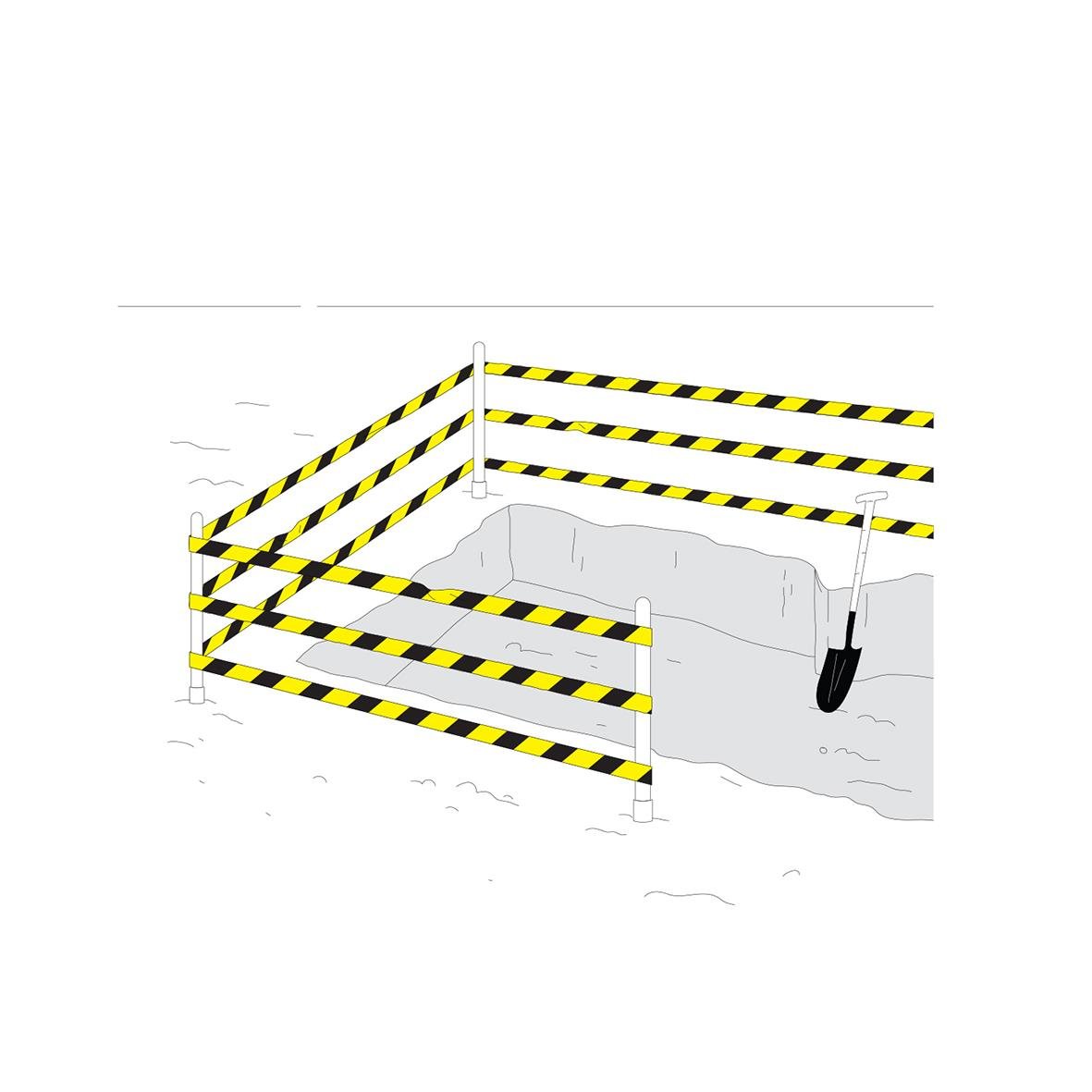 Avspärrningsband Etab 75mm x 500m Gul/Svart omgärdar ett område med en spade i ett grävprojekt