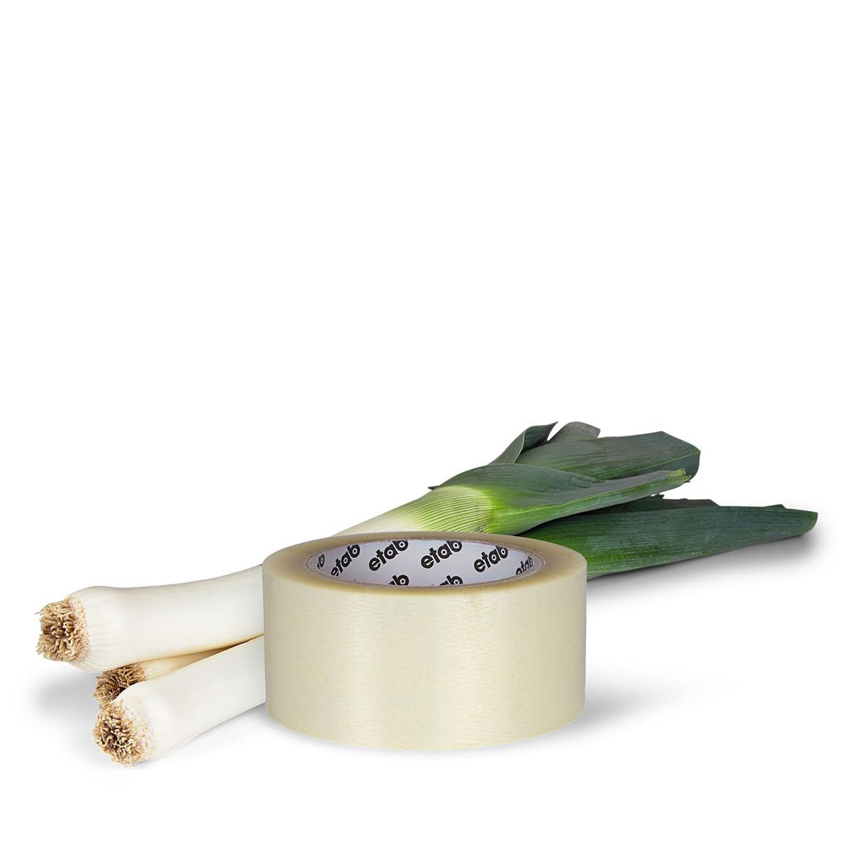 Transparent packtejp 50mm x 66m med gröna och vita grönsaker i bakgrunden