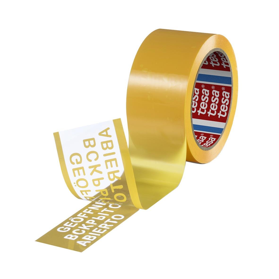 Gul säkerhetstejp Tesa 64007 med manipuleringsskydd, 50mm x 50m