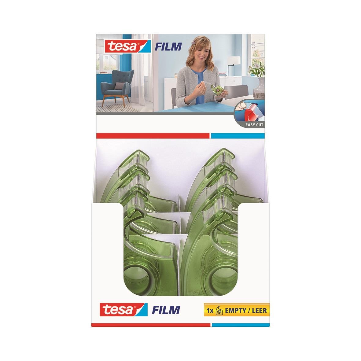Tejphållare Tesa Easy Cut för kontorstejp 33m, grönt, 6-pack, miljömärkt