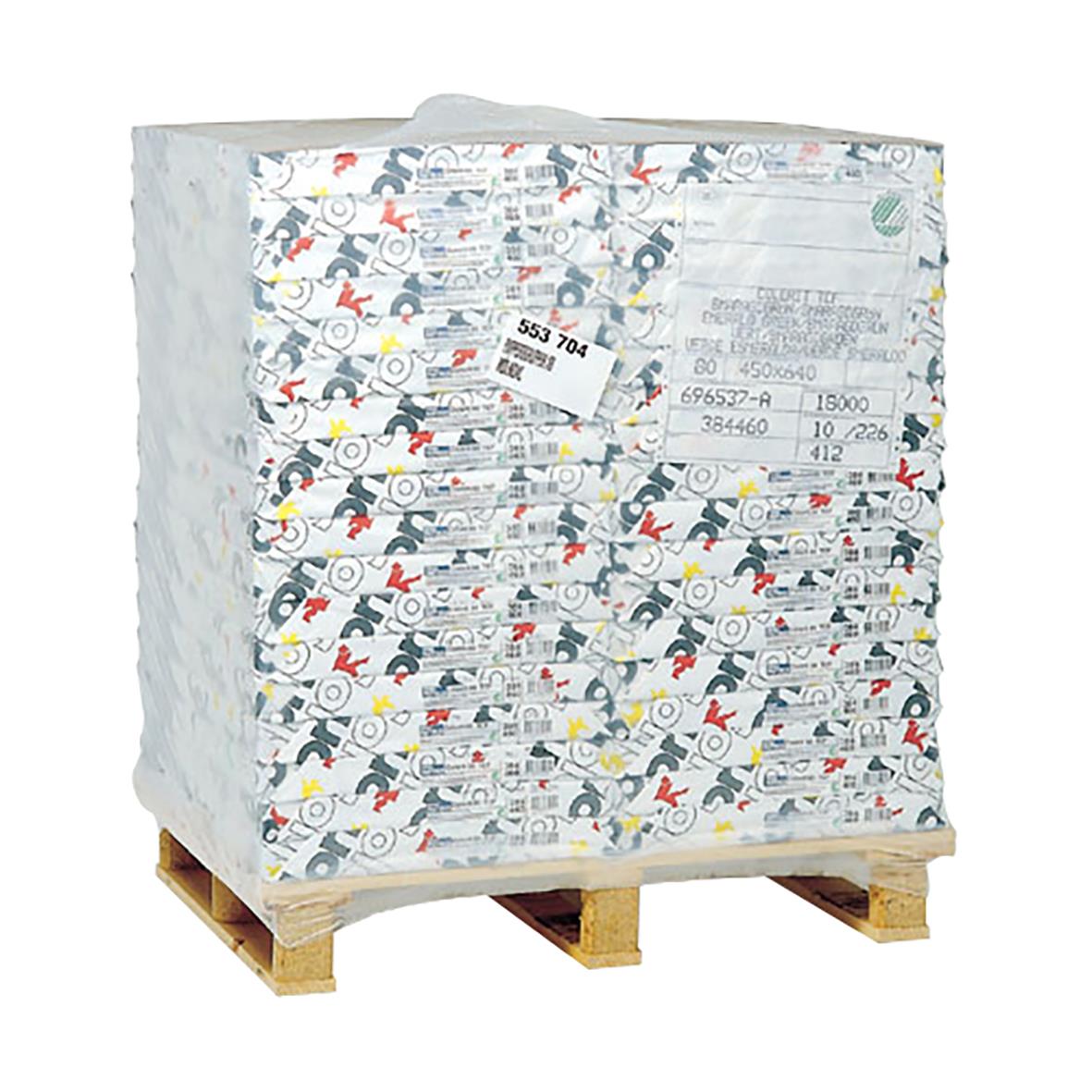 Transparent LD-polyetenfolie 0,09 mm, 125/85x165cm, staplad på pallar