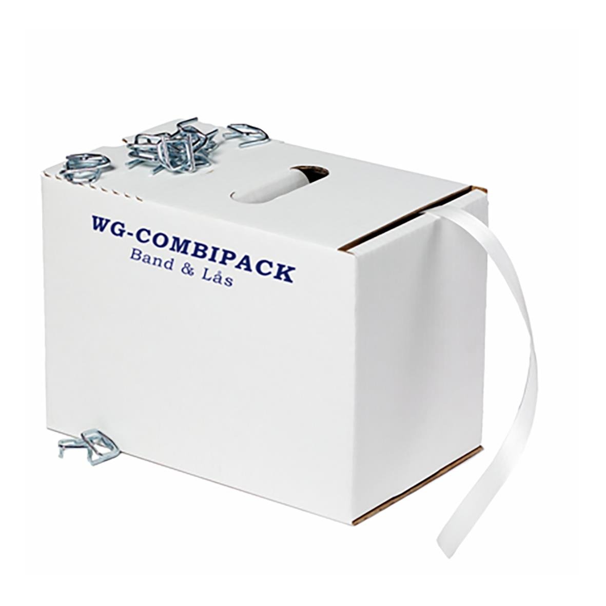 Vit packband VG-16 Allt-i-ett 16mm x 200m med 80 spännen i vit kartong