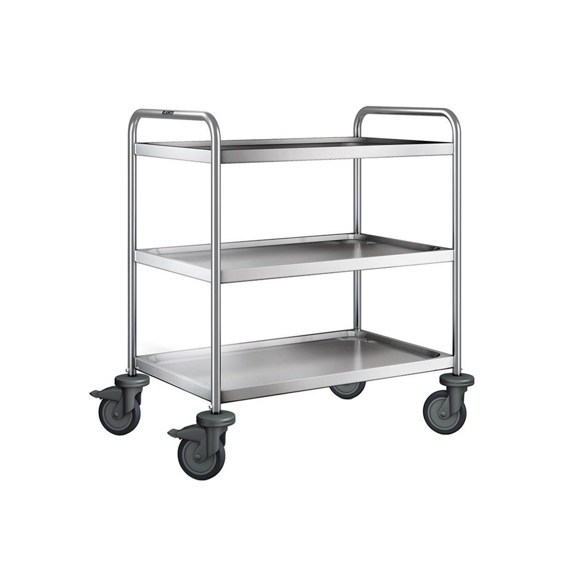 Serveringsvagn i rostfritt stål med tre hyllor och hjul, mått 800x500mm