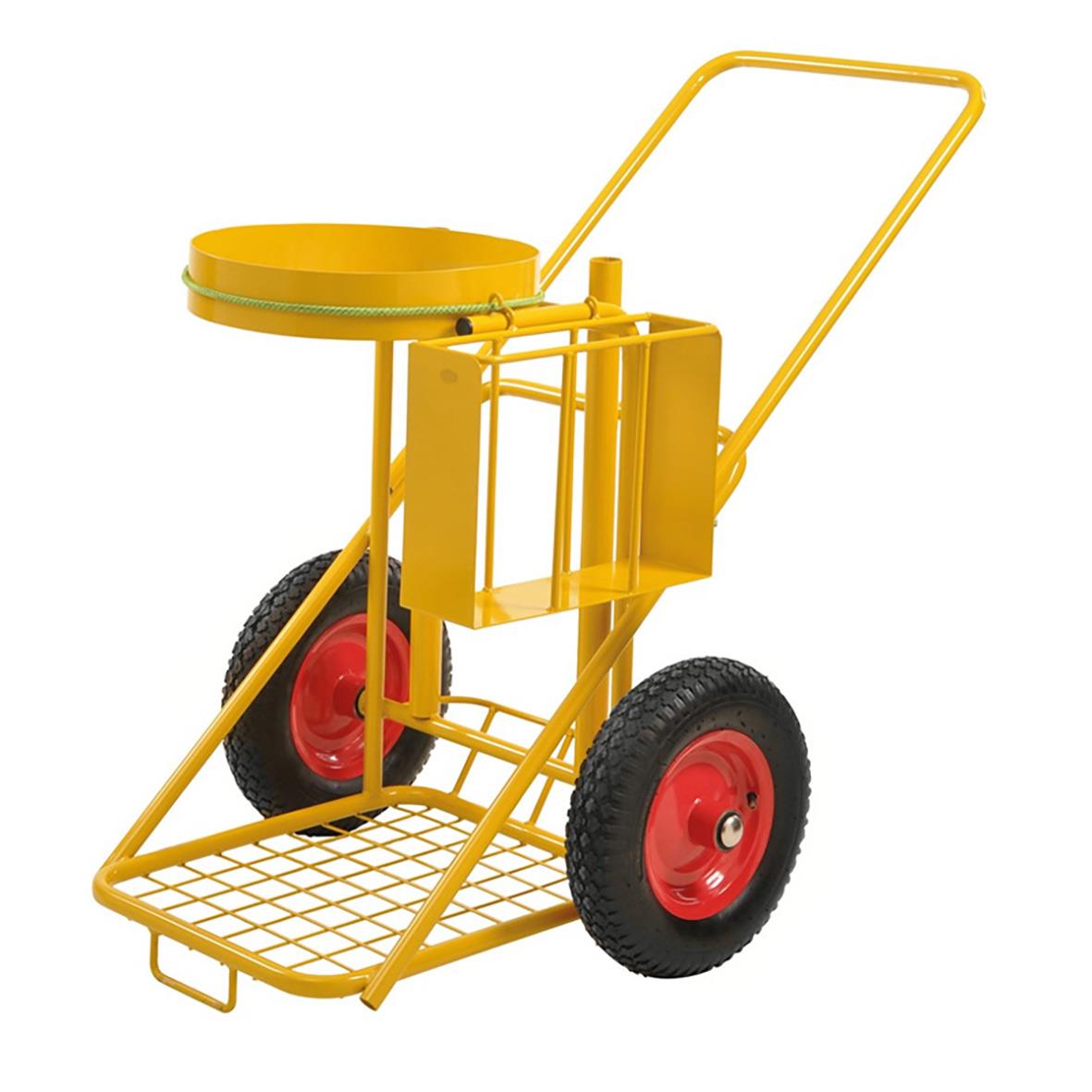 Gul städkärra med röd hjul och handtag